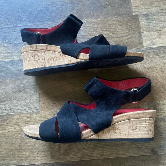 Pas De Rouge Sandals Wedge Heels Cork Suede Leather Black Gladiator Strappy - Picture 4 of 8